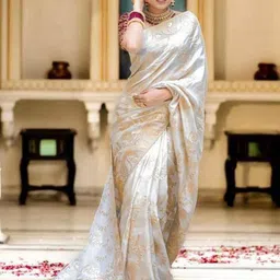 GHAN SALS Women White Ethnic Motifs Zari Silk Blend Kanjeevaram Saree With Blouse Piece-picture-43