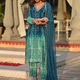 Ekta Textiles Women Bandhani Printed Regular Thread Work Kurti with Pyjamas & With Dupatta image 2