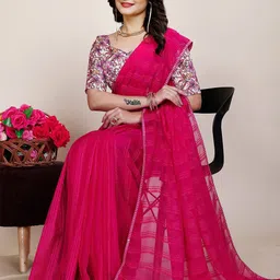 K 5 Fashion Striped Sequinned Pure Chiffon Saree image 2