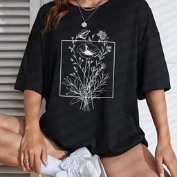 SZN Floral Printed Round Neck Drop Shoulder Sleeves Oversized Cotton T-Shirt-picture-27