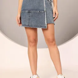 DOLCE CRUDO High Rise Tie-Up Skorts Above Knee Distress Denim Skirt-62