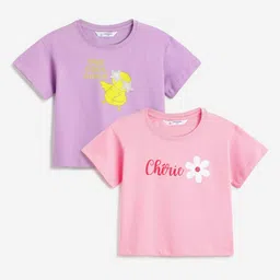 Campana Girls Zuri Pack of 2 Graphic Print Drop Shoulder Cotton T-shirts-image-6