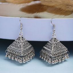 NVR Women Triangular Shaped Hook Silver Plating Oxidised Jhumka Earrings-5