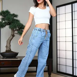 FCK-3 Women Blue Wide Leg High-Rise Light Fade Embroidered Stretchable Jeans-picture-37