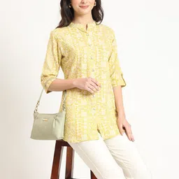 KALINI Print Mandarin Collar Roll-Up Sleeves Cotton Shirt Style Top-picture-52