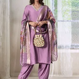 Sangria V-Neck Straight Kurta With Salwar & Dupatta-image-78