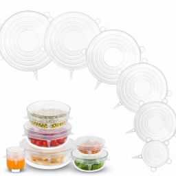 Set of 6 Reusable Safety Silicone Stretch Dishwasher Microwave and Freezer Safe Lids Flexible Covers for Rectangle Round Square - Bowls Dishes Plates Cans Jars Glassware and Mugs 4 inch Lid Set-6