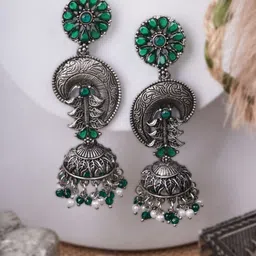 Sangria Green Silver-Plated Stones Studded & Beaded Dome Shaped Oxidised Jhumkas-51