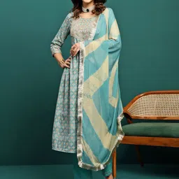 Sangria Blue Floral Printed Pleated Mirror Work A-Line Kurta With Trouser & Dupatta-picture-37