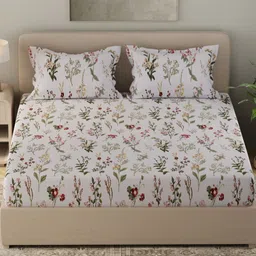 Huesland White & Yellow Printed Cotton 210 TC Single Bedsheet Set 2.23 m x 1.39 m-picture-1