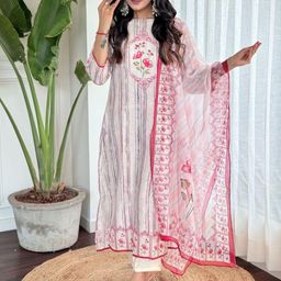 KALINI Square Neck Striped Straight Kurta with Trouser & Dupatta-image-7