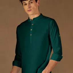 Zombom Men Band Collar Straight Short Kurta-image-41