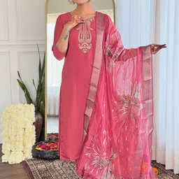 NIZA FASHION Women Floral Embroidered Chanderi Silk Kurta with Trousers & Dupatta-picture-43