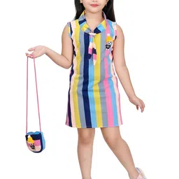 Zenat Girls Striped Scarf Neck Bodycon Dress With Sling Bag-image-60