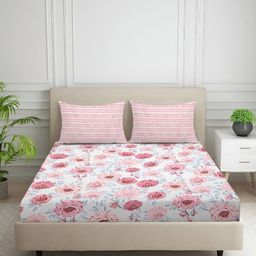 Nivasam White & Pink Floral Printed Cotton 400 TC Fitted King Bedsheet Set 1.98 m x 1.82 m-image-73