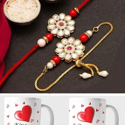 CraftVatika 5-Pcs Mugs With Greeting Card & Roli Chawal Rakhi Gift Set-image-35
