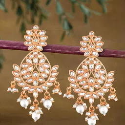 Peora Rose Gold-Plated Kundan Studded & Beaded Teardrop Shaped Drop Earrings-17