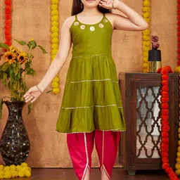 Sangria Girls Green & Pink Shoulder Straps Gotta Patti Anarkali Kurta With Dhoti Pants-picture-11