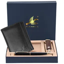 Hornbull Men Trifold Black Leather Wallet, Keyring & Pen Combo Accessory Gift Set-image-85