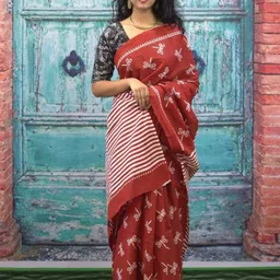 Craft Musium Floral Printed Pure Cotton Block Print Saree With Blouse Piece-picture-21