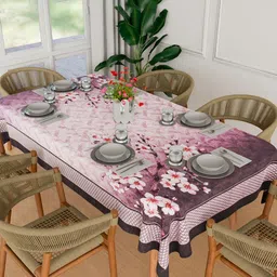 Aura Pink & Purple Floral Printed Anti-Skid Cotton 6-Seater Table Cover-25