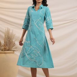 Kaftanize Women Geometric Embroidered Shirt Collar A-Line Midi Dress-picture-20