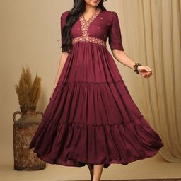 Globus Embroidered Puff Sleeve Tiered Fit & Flare Maxi Ethnic Dress-image-57
