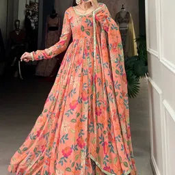 KALINI Floral Printed Round Neck Anarkali Georgette Kurta With Trousers & Dupatta-picture-14