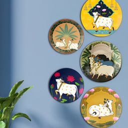 THE QUIRKY HOME 5-Pcs Blue & Yellow Lotus & Cow Pichwai Ceramic Wall Plates-3