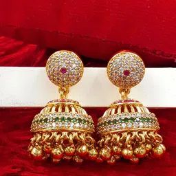 Anujeet Fashion Hub Gold-Plated American Diamond Studded & Beaded Dome Shaped Jhumkas-31