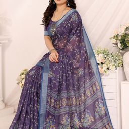 vj fashion Floral Printed Zari Linen Blend Saree-7