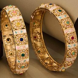 T4 JEWELS Women Set Of 2 Gold Plated Kundan Studded Bangles-image-74
