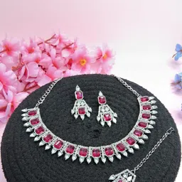 VATSALYA creation Rhodium-Plated Artificial Stone Studded Jewellery Set-15