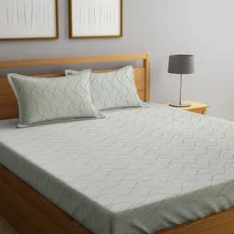 KLOTTHE Grey & White Abstract Printed Fitted 300 TC King Bedsheet With 2 Pillow Covers-23
