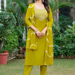 SZN Women Solid Self Design Round Neck Regular Kurta Trousers With Dupatta-0