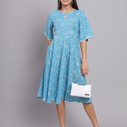 KALINI Floral Print Flared Sleeve Fit & Flare Midi Dress-image-63