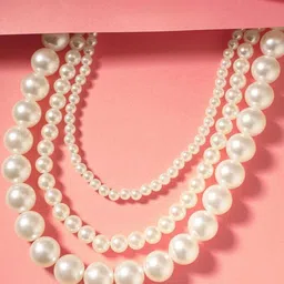 ORANGENYSHA Rhodium Plated Pearls Beaded Layered Statement Necklace-picture-42
