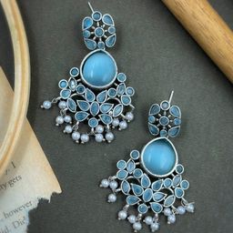 NAMAN ARTS Silver-Plated Stones Studded & Beaded Contemporary Drop Earrings-2