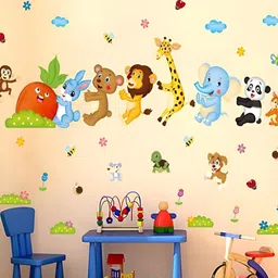 INDIAN ROYALS Red & Green Cartoon Animals in Row Design Self Adhesive Wall Sticker-4