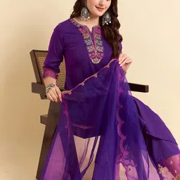 Anouk Rustic Women Floral Embroidered Regular Thread Work Kurta with Palazzos & With Dupatta image 3