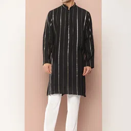 See Designs Mandarin Collar Striped Embroidered Sequinned Chanderi Silk Straight Kurta-image-71