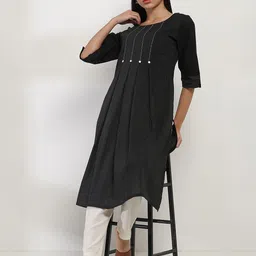 Rangriti Striped Yoke Design Thread Work Round Neck Straight Kurta-0
