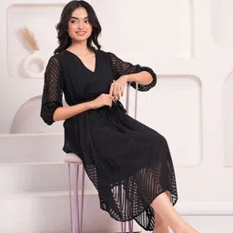 JC4U Women Self Design Tie-Ups Fit And Flare Midi Dress-picture-19