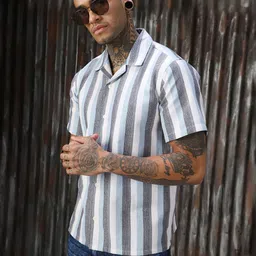 High Star Men Classic Cuban Collar Vertical Striped Cotton Relaxed Fit Casual Shirt-image-33