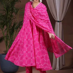 Libas Bandhani Printed Gotta Patti Pure Cotton Anarkali Kurta with Trousers & Dupatta-image-8