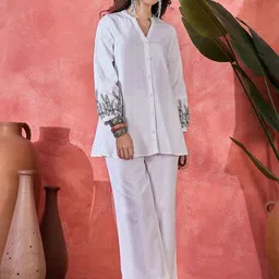 Sangria Floral Embroidered Pure Cotton Shirt With Palazzos-21