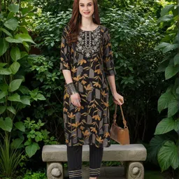 FASHOR Floral Printed Round Neck Thread Work Straight Kurta-picture-22