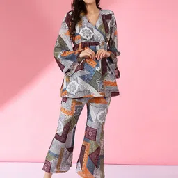 House of Kaftan Printed V-Neck Top With Trousers Co-Ords-picture-0