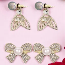 Krelin Set Of 2 Gold-Plated Rhinestone Studded & Pearls Beaded Contemporary Drop Earrings-3