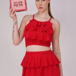 Poftik Padded Frill Ruffle Detail Two-Piece Skirtini Swim Wear Frill Swimsuit-picture-34